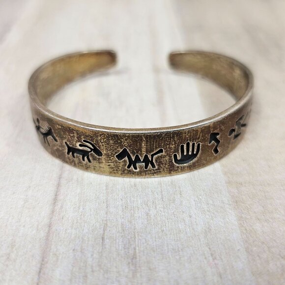Bracelet Silver Cuff Stamped GM Sterling Native American Etched Southwestern - Picture 1 of 11